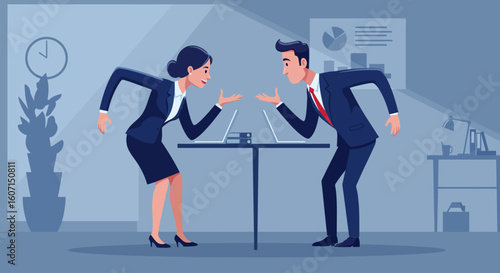 Two business people facing each other across a table, arguing or negotiating with laptops between them in an office setting.