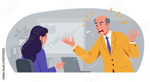 A frustrated businessman angrily confronts a female colleague in an office setting.