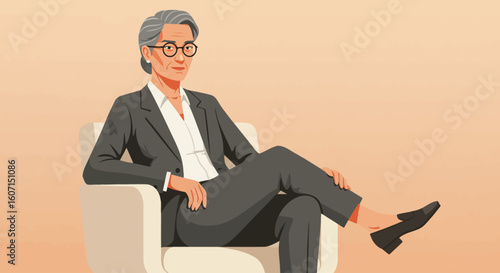An illustrated older woman in a suit relaxes in an armchair.