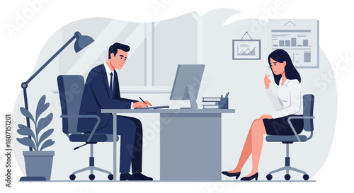 A professional man interviewing a woman in an office setting, taking notes.