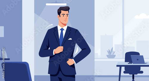 A well-dressed businessman in a blue suit standing confidently in an office setting.
