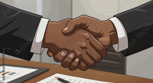 Two businessmen sealing a deal with a handshake over a document-covered desk.