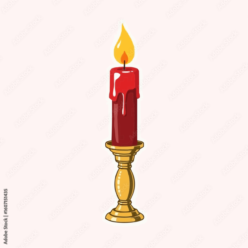 Fototapeta premium Red candle with flame and dripping wax on golden holder 