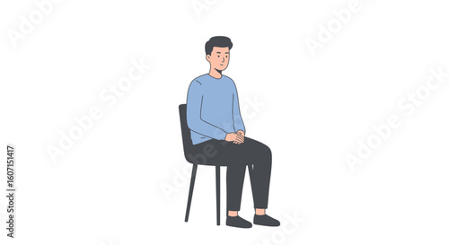 A man sits on a chair, hands clasped in his lap, looking forward.