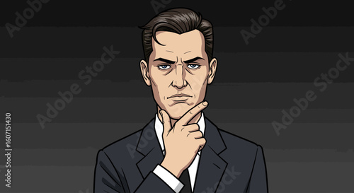 Illustration of a man in a suit, with a thoughtful expression, hand on his chin.