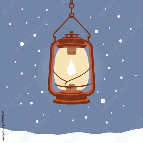 Vintage lantern glowing in snowfall on blue winter background  
