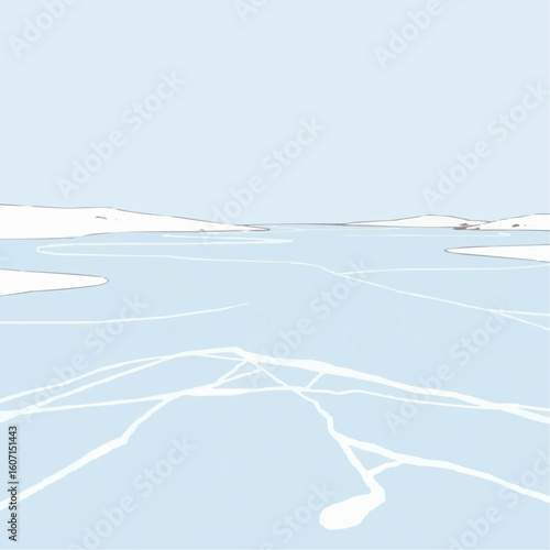 Abstract winter landscape with light blue water and white ice  