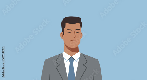 A cartoon illustration of a man in a business suit, presented from the mid-chest up, with a neutral facial expression.