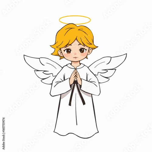Cartoon angel child with golden halo and wings in prayer pose  