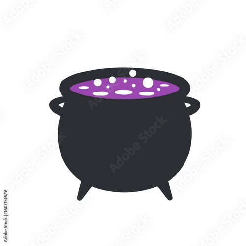 Black cauldron with bubbling purple potion on isolated background  