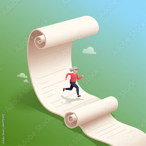 A stylized illustration of an elderly woman running on a large, unfurling scroll.