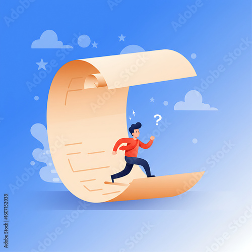 A stressed man frantically runs alongside a large, unwinding scroll of paperwork, overwhelmed by his tasks.