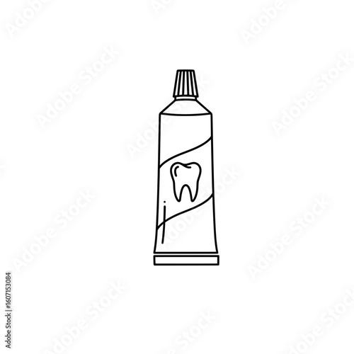 Black and white drawing of a toothpaste tube with a tooth symbol, used in dental care concepts.