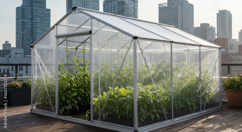 Fototapeta premium Urban rooftop greenhouse with plants