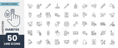 Diabetes icon set. Editable stroke. Vector illustration