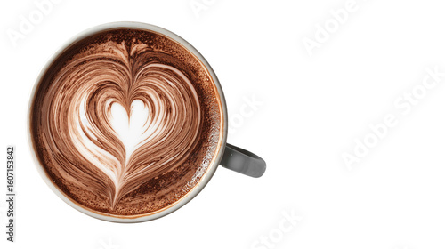 top view of coffee cappuccino heart milk isolated on white background