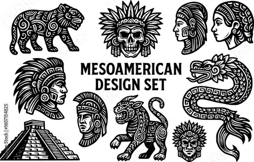 Mesoamerican Vector Design Set – Aztec, Mayan & Inca Symbols in Black and white

