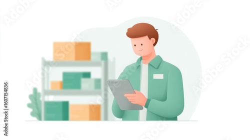 minimalist warehouse scene with modern technology and shelving for logistics efficiency featuring worker using electronic