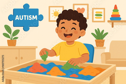 Happy Child with Autism Playing with Sensory Sand