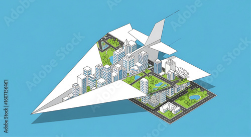 A paper airplane design showcasing a miniature urban landscape with buildings and green spaces.