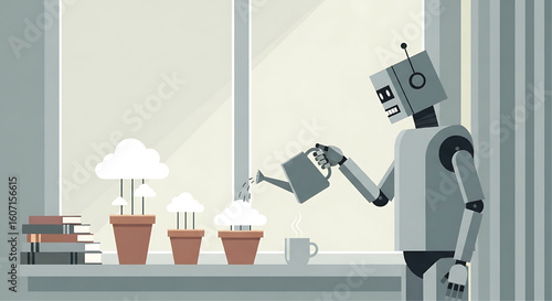 A robot waters cloud-shaped plants in pots on a windowsill, with books and a cup nearby.