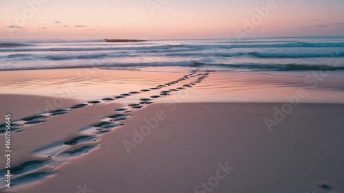 Sea turtle tracks trace a path across a sandy beach towards the ocean at a beautiful pink and purple sunrise.
