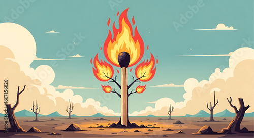 A matchstick tree ablaze in a desert landscape, symbolizing destruction and environmental issues.