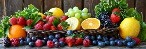 Obraz  z motywem An assortment of ripe berries leafy greens and juicy citrus fruits sit together in a rustic basket perfect for creating a refreshing smoothie.
