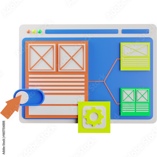 A 3D illustration depicting the UI/UX design and development process, featuring website wireframes, a sitemap, and a settings icon.