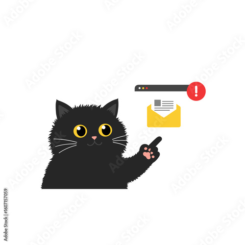 Flat icon of black fluffy cat pointing at phishing email pop-up, isolated