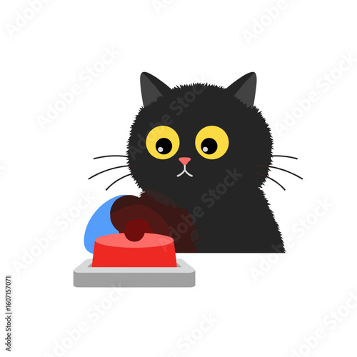 Flat icon of black fluffy cat pressing big red alert button, cybersecurity threat, isolated
