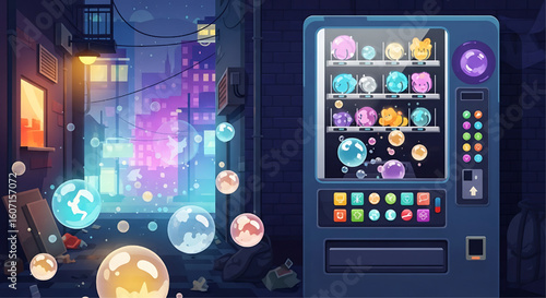 A stylized urban alleyway scene at night, featuring a colorful vending machine dispensing glowing bubbles.