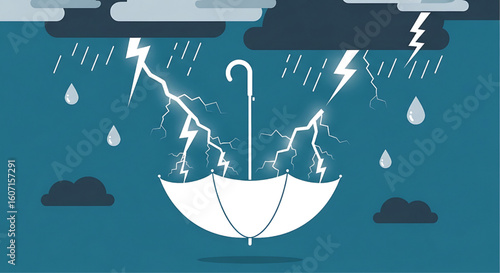 A white umbrella caught in a storm of lightning and rain, symbolizing vulnerability.