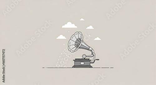 A vintage gramophone plays music under a cloudy sky, rain gently falling.