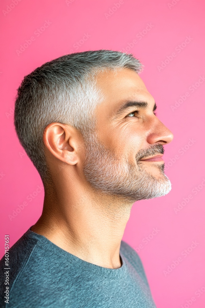 Fototapeta premium Creative of style for aging men. Fashionable men's disconnected undercut haircut - midlife arabian man with short hair. Pink solid background. A studio glamour portrait of a confident man.