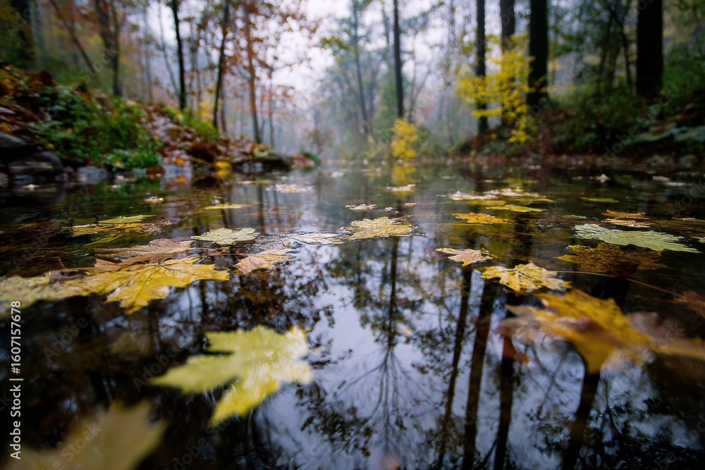 Autumn serenity floating leaves on a tranquil stream in a forest landscape peaceful nature scene close-up perspective Autumn serenity floating leaves on a tranquil stream in a forest landscape peaceful nature scene close-up perspective