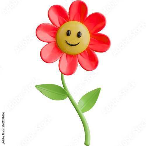 Cheerful red flower with a smiley face center. A 3D rendered graphic element isolated on a white background representing happiness.