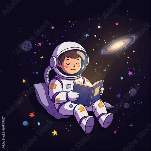 A young astronaut peacefully reads a book while floating in space, surrounded by stars.