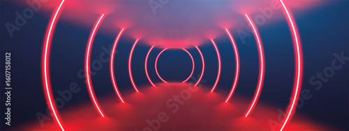 Red neon casino background with abstract 3D light effects and black stage lines. LED geometric arrows with blue glow for futuristic party rooms or gamer designs. Cyber tunnel effects or glossy vector.