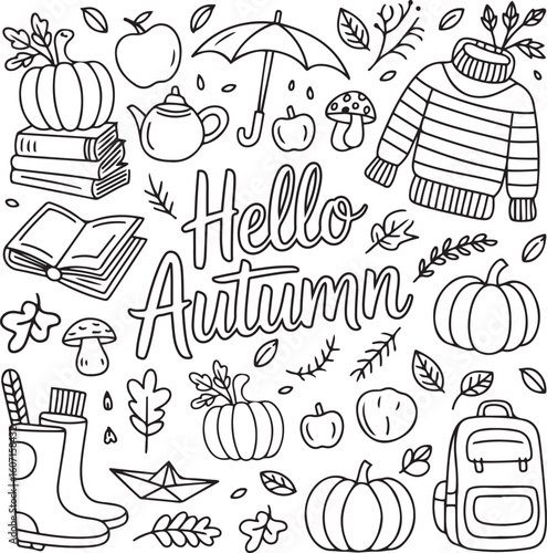 Hello Autumn Coloring Book Page Featuring Cute Fall Icons and Seasonal Pattern Elements for Kids and Adults, Coloring page