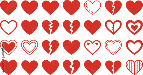 Collection of red heart isolated on transparent background