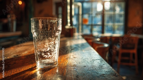Empty beer glass on a wooden bar