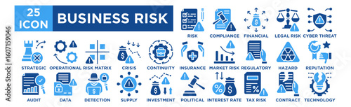 Business Risk icon collection set. Risk Assessment, Compliance Warning, Financial Exposure, Legal Risk, Cyber Threat