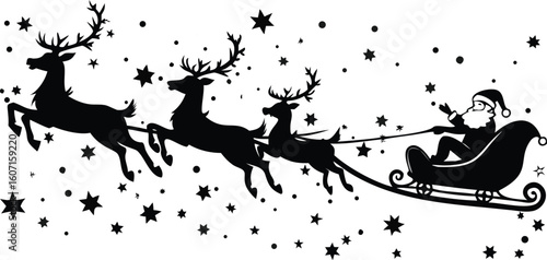 Santa Claus Sleigh Silhouette with Reindeer and Snow