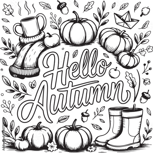 Hand-Drawn Autumn Halloween Coloring Page with Pumpkins, Boots, Paper Boat, and Cozy Fall Elements - Perfect for Kids and Seasonal Art, KDP