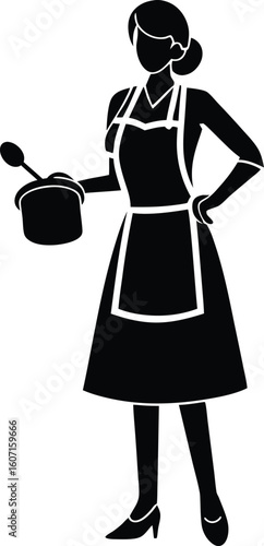 Woman in apron holding pot and spoon cooking silhouette
