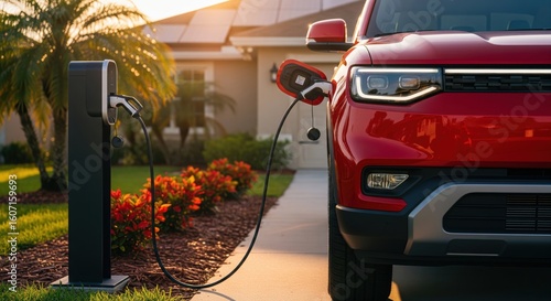 Close-up of red electric pickup truck charging at modern black pedestal AC home charger, photinia bushes in background, palm tree and rooftop solar panels, warm sunlight, Florida, USA