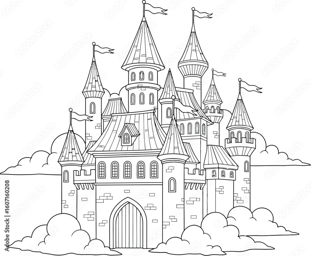 Fototapeta premium Castle coloring page for kids and adults, fantasy castle drawing, printable castle outline