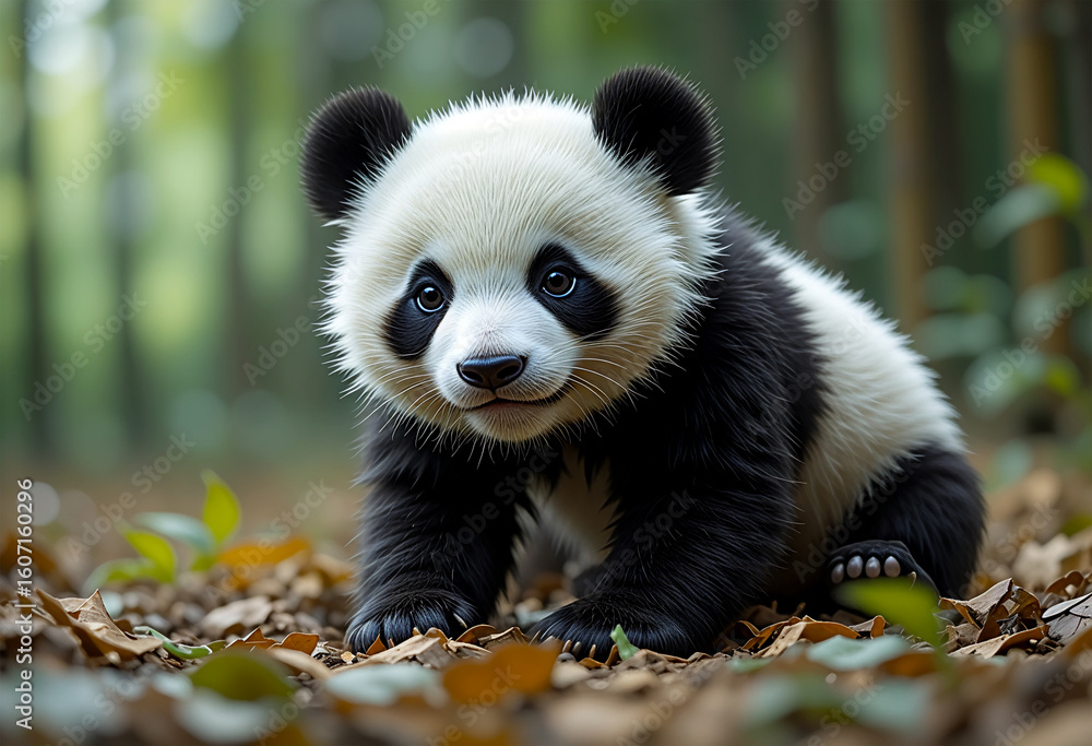 Fototapeta premium Adorable Giant Panda Cub Sitting in a Forest