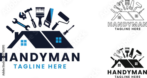 Handyman services logo design with tools and house roof for home repair and maintenance